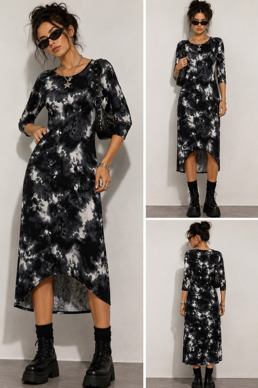 Basic Colors Black Gray Tie Dye High Low Midi Dress XS Made in USA 3/4 Sleeve